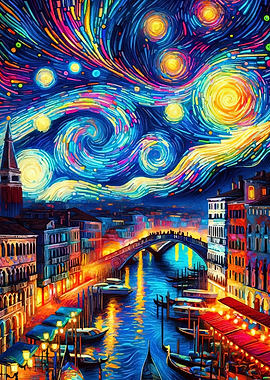 Venice Canal Night Starry Sky Painting