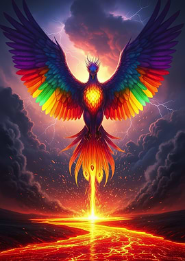 Rainbow Phoenix Rising from Lava