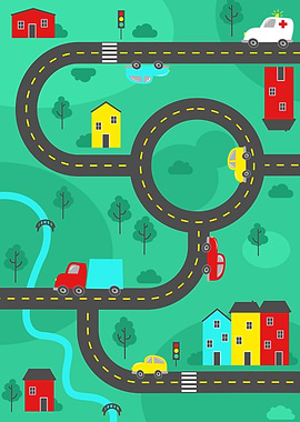 Cartoon Cityscape with Roads and Vehicles