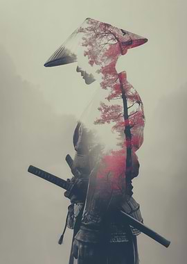 Samurai Double Exposure with Autumn Trees