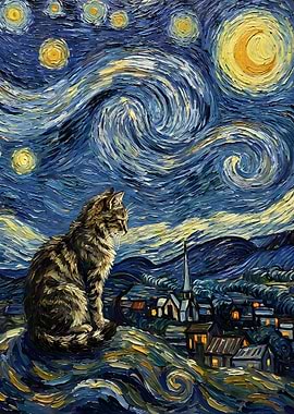 Cat in Starry Night Style