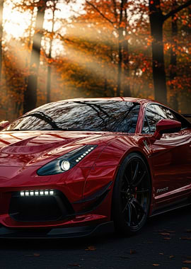 Red sports car in autumn forest