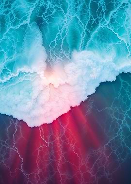 Neon Tide Collision – Aerial Ocean Waves in Vibrant Cyan and Pink