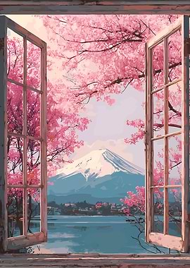 Cherry Blossoms and Mount Fuji View