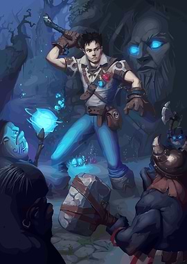 Fantasy Hero in Dark Forest Battle