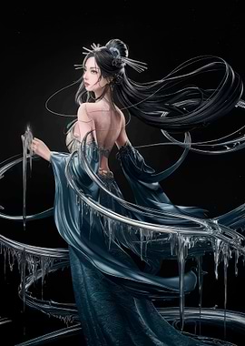 Elegant Woman in Flowing Blue Gown