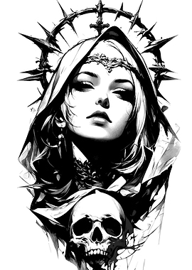 Monochrome Woman with Skull and Crown