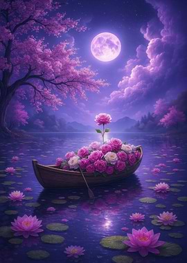 Floral Boat on Lake Under Moonlight