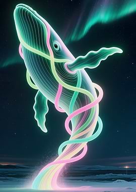 Neon Whale with Aurora Borealis