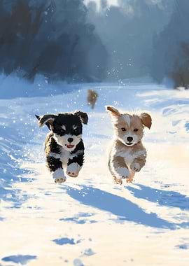 Puppies Running in Snow