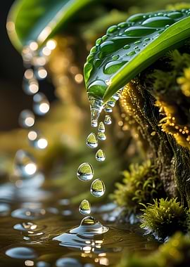 Water Droplets on Leaf and Moss