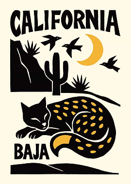 California Baja Desert Cat Illustration