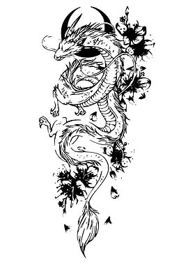 Dragon and Flowers Black and White