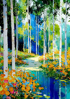 Watercolor Birch Trees and Wildflowers