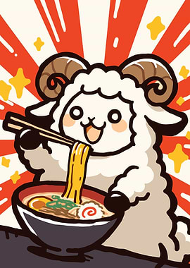 Cartoon Sheep Eating Ramen Noodles