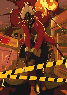 Masked Figure in Explosive Cityscape