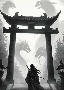 Warrior, Dragons, and Torii Gate