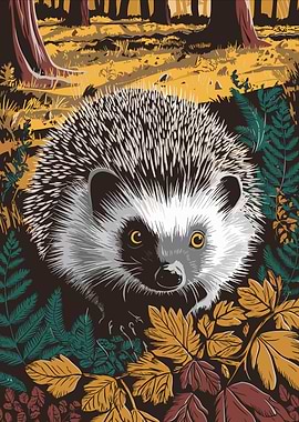 Hedgehog in Autumn Forest Illustration