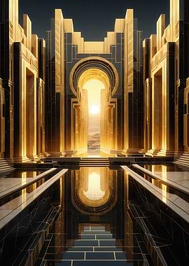 Golden Archway Gateway — Monumental Symmetrical Palace with Reflective Pool