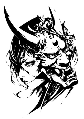 Woman and Oni Mask Black and White