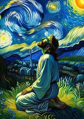 Jesus Praying Under Starry Night Sky
