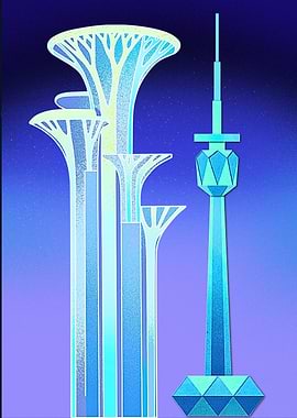 Futuristic Cityscape with Tower and Trees