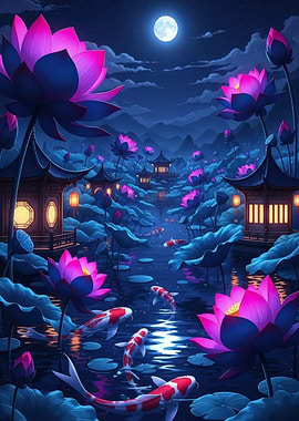 Koi Pond with Lotus Flowers at Night