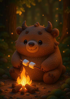 Cute Monster Bear Roasting Marshmallows
