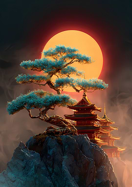 Japanese Golden Pagoda with Bonsai Tree