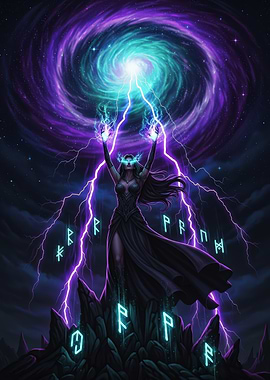 Sorceress casting magic with runes