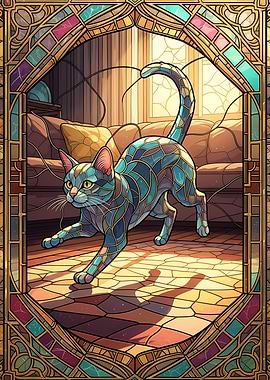 Stained Glass Cat Stretching
