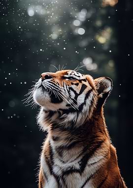 Tiger Gazing Upward with Bokeh Lights