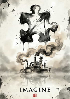 Steampunk City Puzzle Piece Ink Art