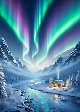 Winter Landscape with Aurora Borealis