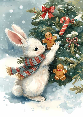 Christmas Bunny Decorating Tree Watercolor