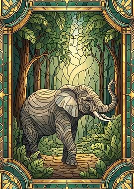 Elephant in Forest Stained Glass Style
