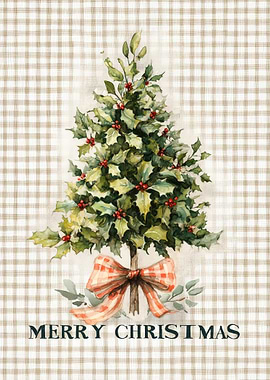 Watercolor Christmas Holly Tree with Bow