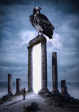 Vulture on Ancient Ruins with Figure