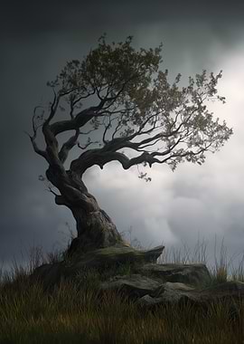 Lonely Tree Under Stormy Sky