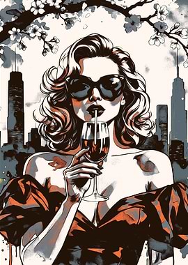 Woman with Wine in Cityscape Art