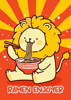 Cartoon Lion Enjoying Ramen Noodles