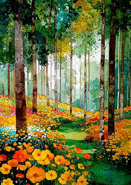 Watercolor Forest Path with Flowers