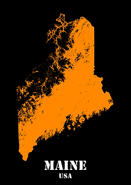 Maine USA State Minimalist Black Orange Topographic Contour Relief Map featuring terrain in orange color