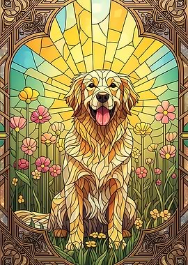 Stained Glass Golden Retriever in Flowers