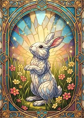 Stained Glass Rabbit in Flower Meadow