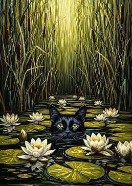 Black Cat in Lily Pond Painting