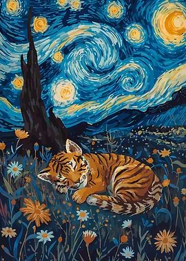 Cute Tiger Cub Sleeping Starry Night