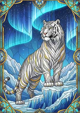 White Tiger Aurora Stained Glass Art