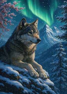 Wolf in Winter Landscape with Aurora