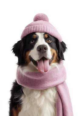 Cozy Bernese Mountain dog in Pink Hat and Scarf